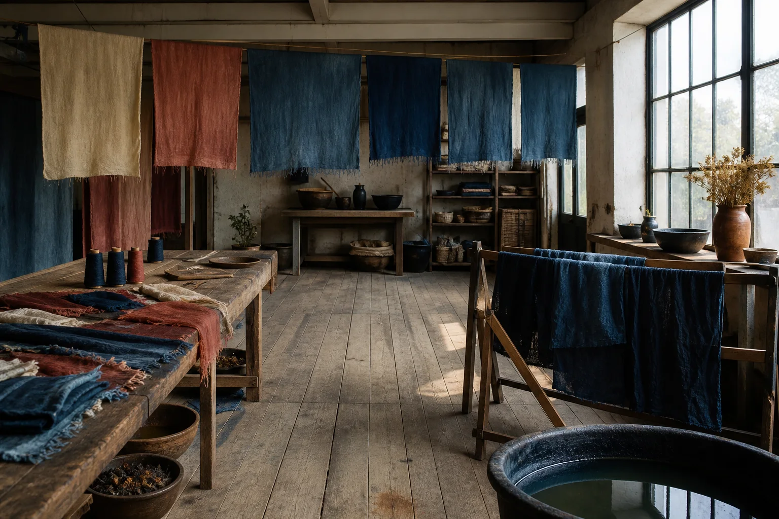 Lived-in textile studio with drying cloth, sample bundles and wooden tables