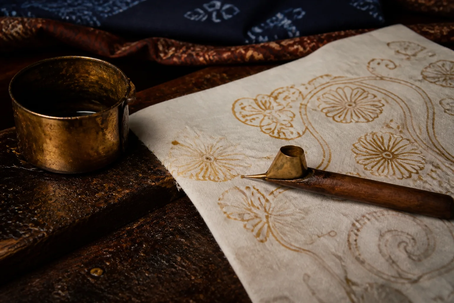 Batik workbench with canting tool, wax pot and cotton cloth