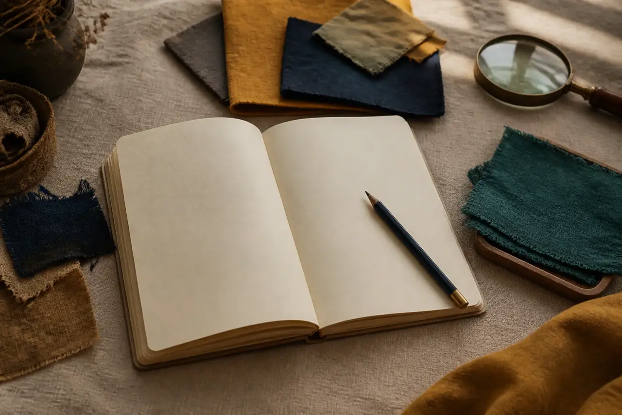 Blank field notebook, textile swatches and loupe on a linen desk