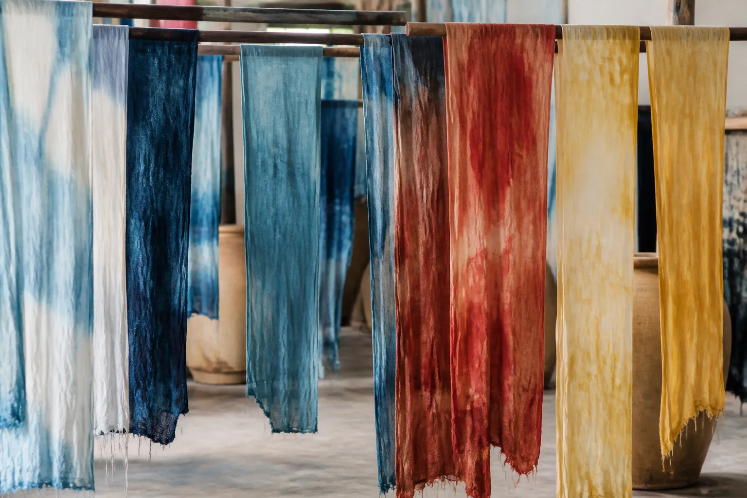 Lengths of cloth drying in a studio with layered indigo, madder and ochre colour