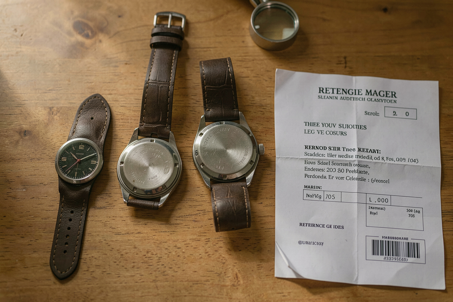 A wooden desk in daylight with a pre-owned Swiss watch, its open case back, a loupe, a service record and a reference guide arranged in a neat row.