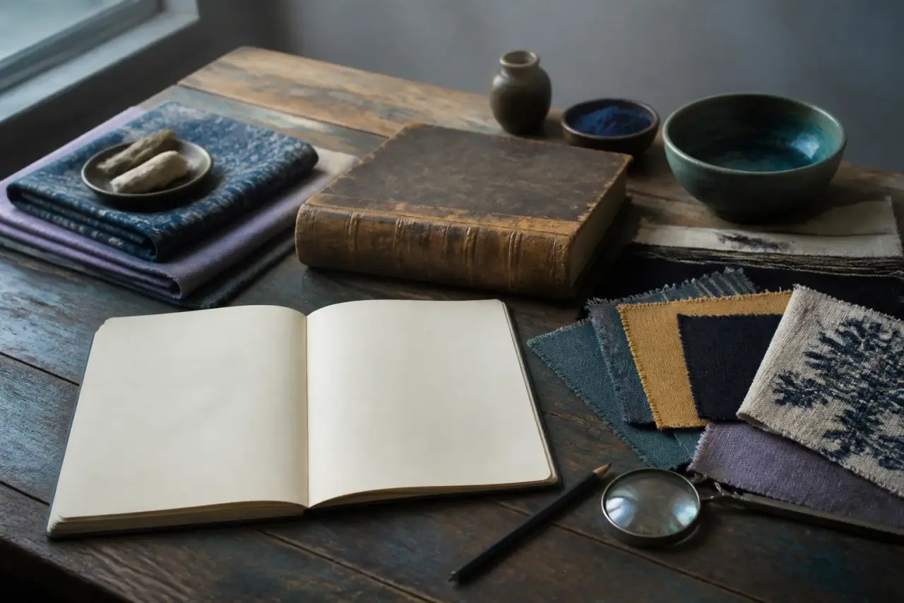 Blank field notebook, textile swatches, loupe and pencil on a research desk