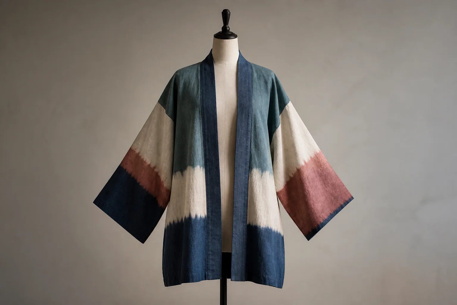 Contemporary wide-sleeve jacket on a plain dress form with dyed panels