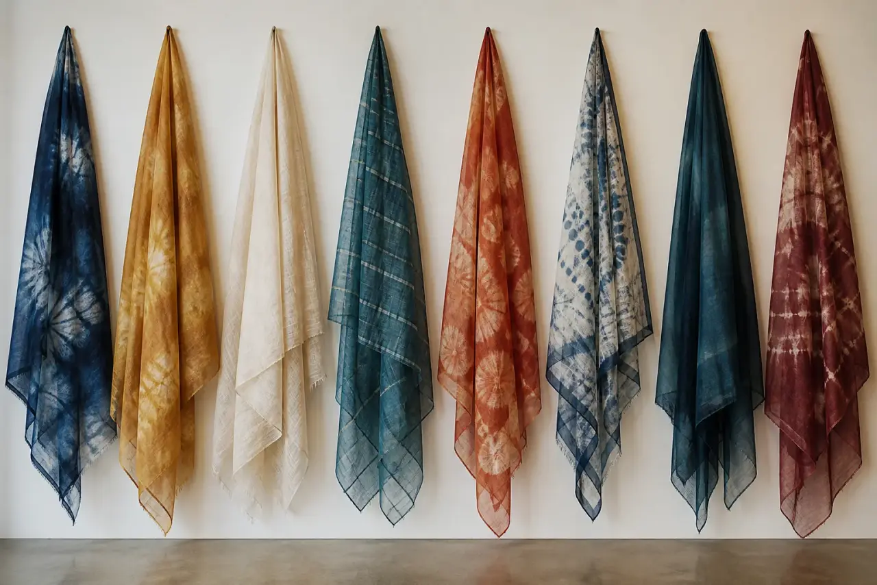 Distinct hand-dyed silk scarves displayed on a wall