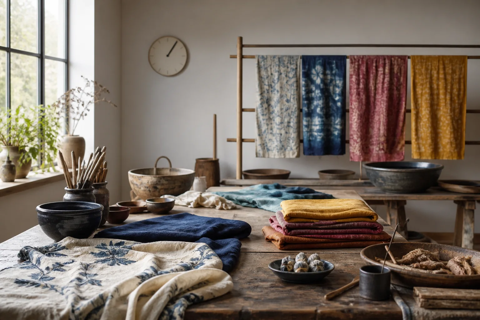 Workshop table with arranged cloth, tools, drying rack and a neutral clock