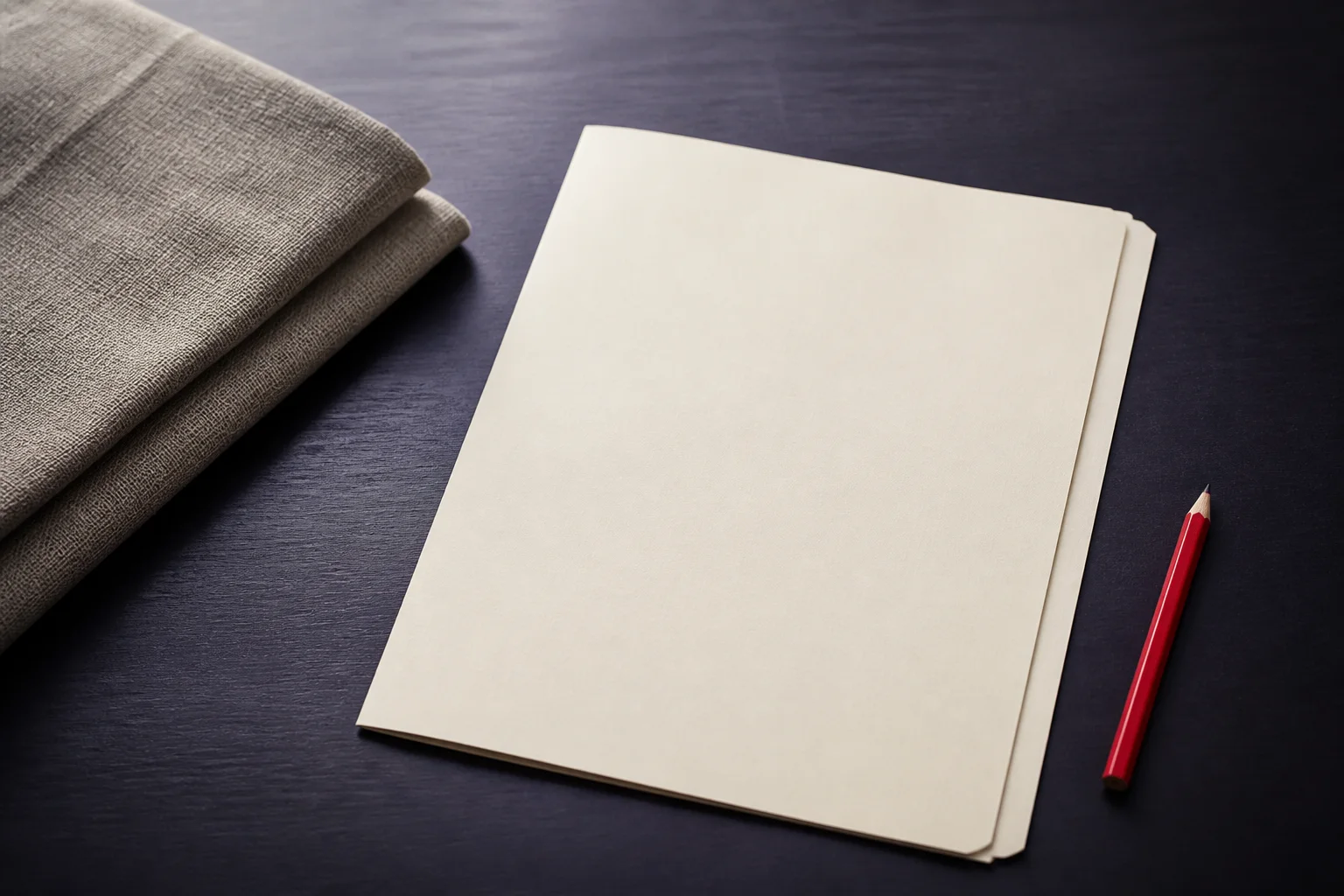 Blank cream folder, red pencil and folded indigo textile on a desk