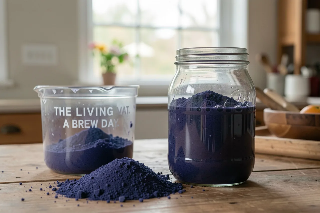 A shallow indigo vat with a coppery flower beside a glass fermenting jar on a workbench