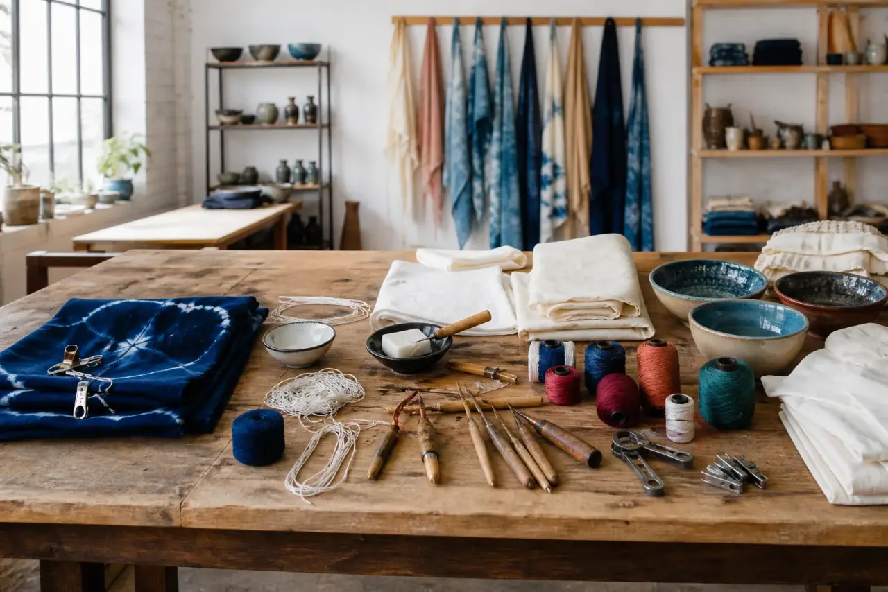 Textile workshop table prepared with cloth, clamps, thread and bowls